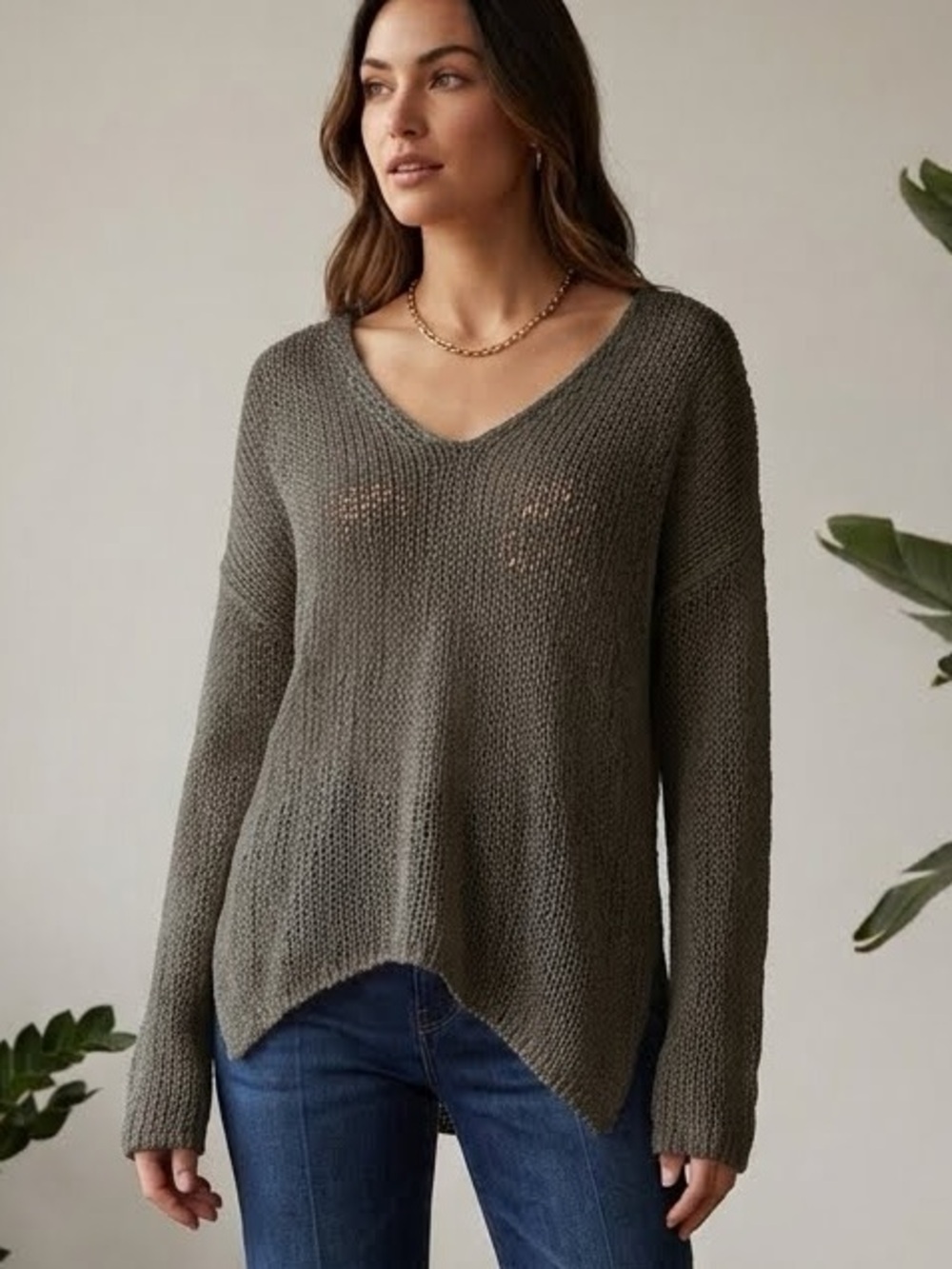 Helmut Lang Women's Chestnut V-Neck Asymmetrical Pullover Sweater - Size S